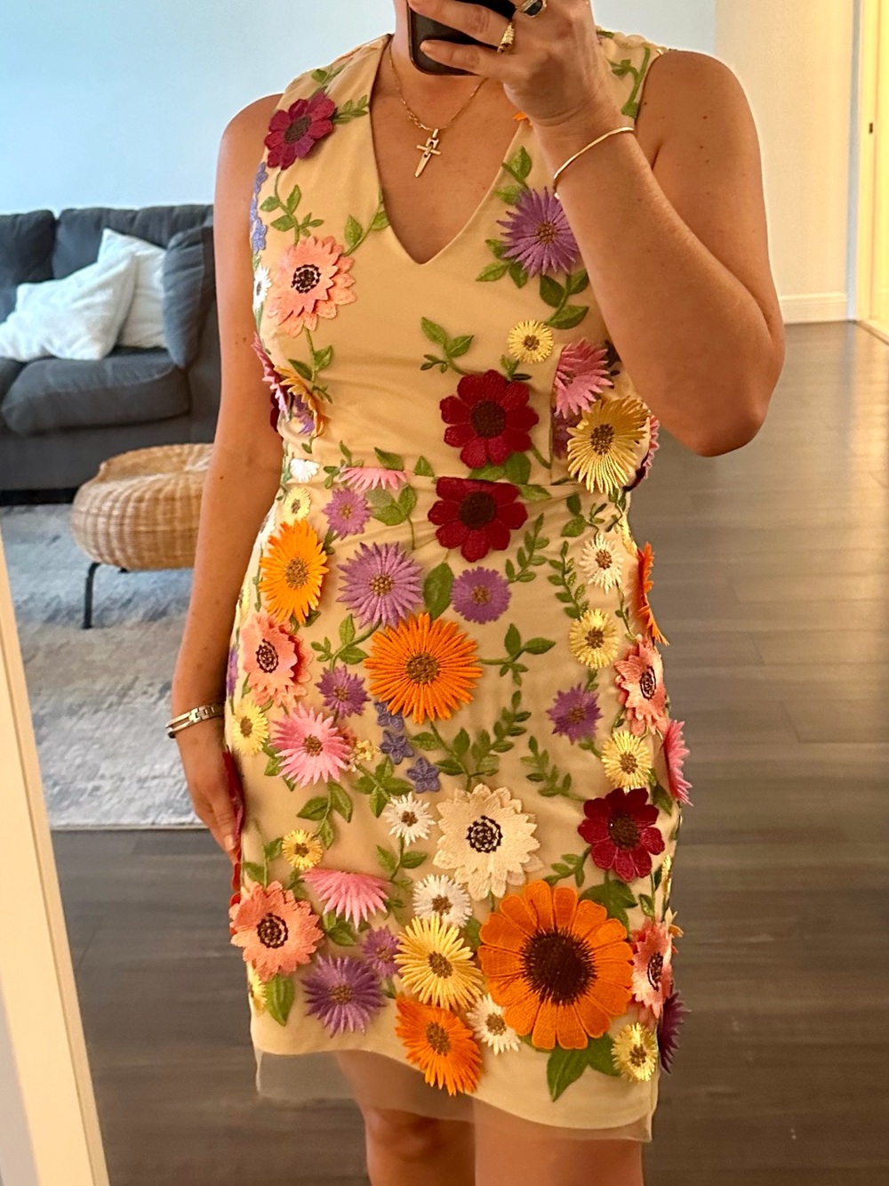 Adelyn Rae Beige Mini Dress with Multicolor Floral Appliqués